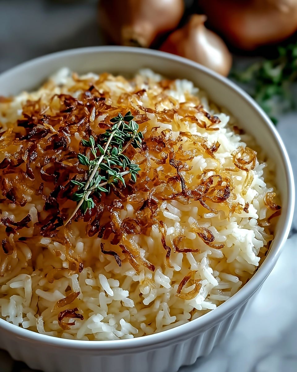 A close-up view of a bowl filled with a single layer of golden cooked rice topped with scattered caramelized, browned onion flakes that add texture and color variation. In the center of the rice sits a small sprig of fresh green thyme, providing contrast in color and freshness. The bowl is white and smooth, placed on a white marbled surface with blurred background shapes suggesting additional ingredients. The lighting highlights the shiny, soft texture of the rice grains and the crispiness of the onions. Photo taken with an iphone --ar 4:5 --v 7