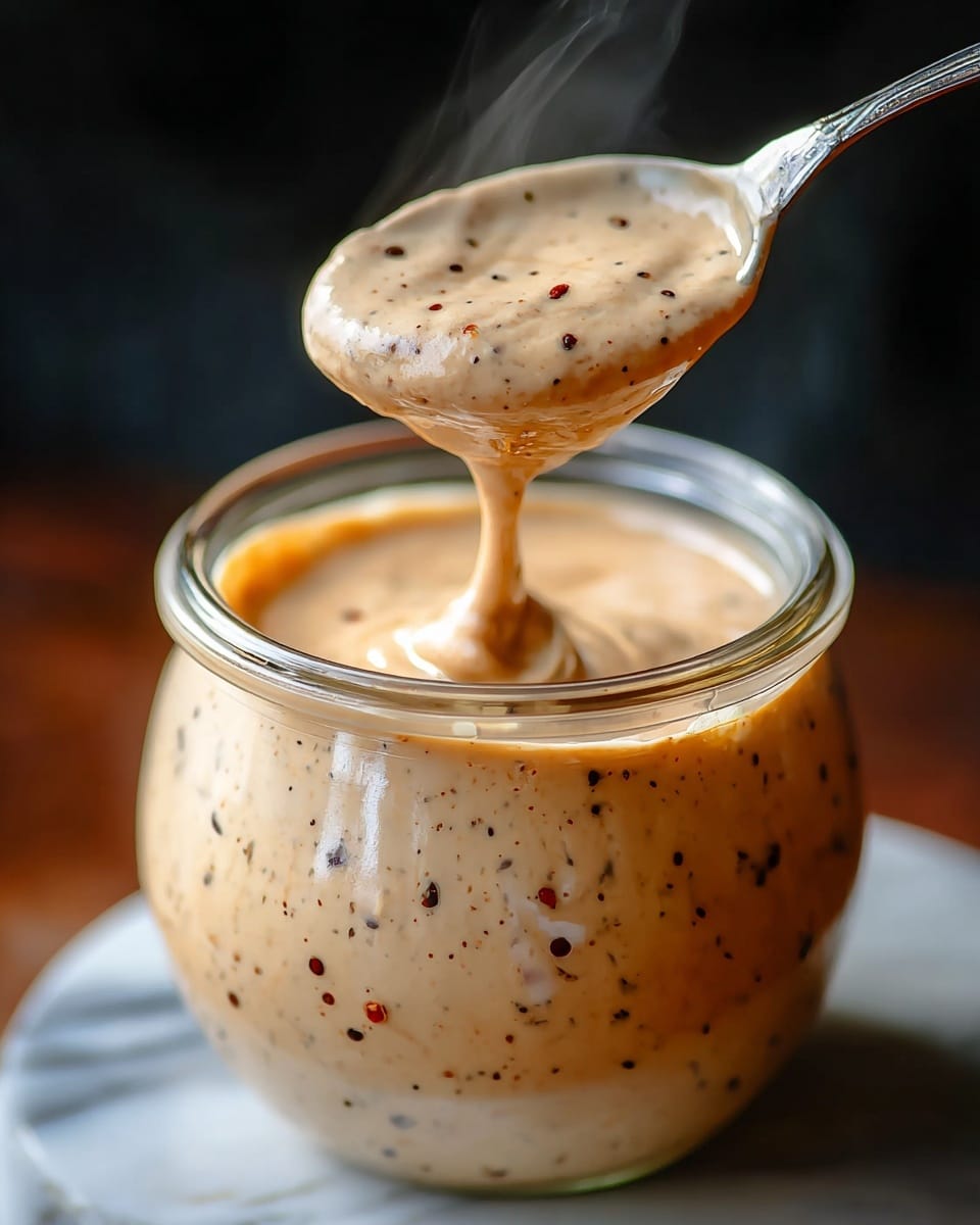 A close-up image of a thick, creamy sauce with a smooth texture and small dark and red specks spread evenly throughout. The sauce is in a clear, round glass jar sitting on a white marbled surface. A shiny silver spoon is lifting a rounded scoop of the sauce, showing its rich and slightly glossy appearance with a gently flowing drip. Steam rises subtly from the sauce, adding a sense of warmth. The background is dark and blurry, making the sauce and jar the clear focus of the image. photo taken with an iphone --ar 4:5 --v 7