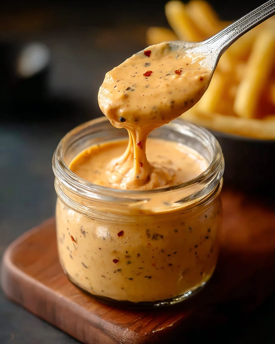 The image shows a small, clear glass jar filled with a creamy, light orange sauce speckled with black and red bits, giving it a textured look. A spoon, held by a woman's hand, lifts a thick scoop of the sauce, with some smoothly dripping back into the jar. The jar is placed on a dark wooden board, and in the blurry background, golden French fries are visible, hinting at a tasty dipping sauce. The overall setting is simple and focused, with a soft, warm light highlighting the glossy surface of the sauce. Photo taken with an iphone --ar 4:5 --v 7