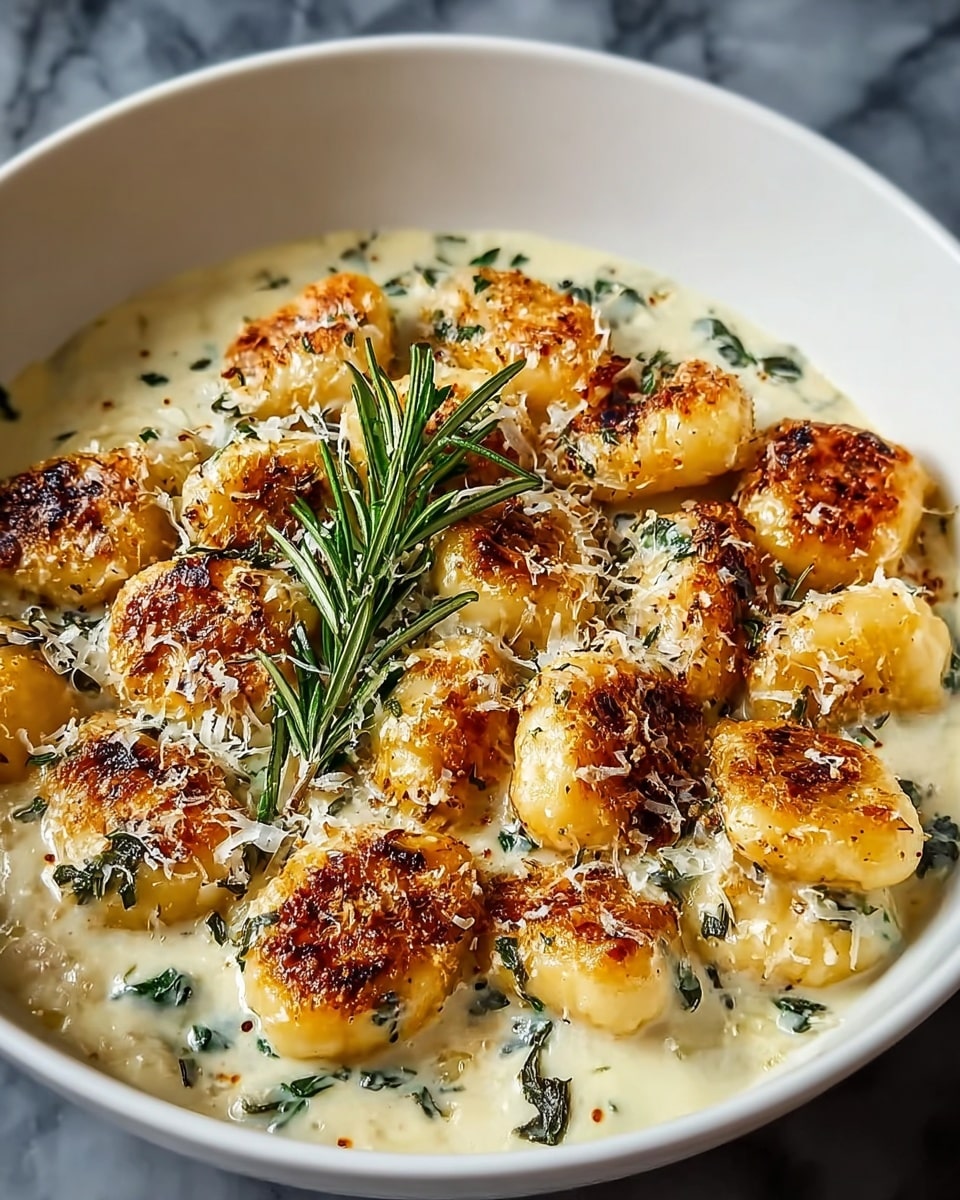 A white bowl filled with golden-browned gnocchi pieces sitting on a creamy white sauce with visible green herbs mixed in. The gnocchi have a crisp, slightly charred texture on top, sprinkled with grated cheese, and garnished with fresh rosemary sprigs in the center. The creamy sauce pools gently around the gnocchi, creating a smooth, rich base that contrasts with the browned gnocchi tops. The bowl rests on a white marbled textured surface. photo taken with an iphone --ar 4:5 --v 7