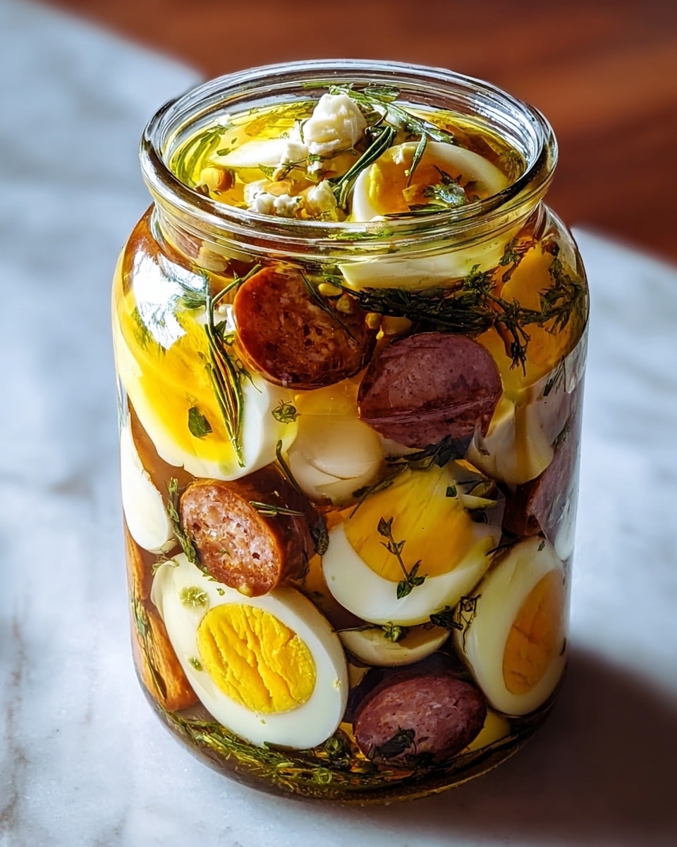A clear glass jar filled with layers of sliced hard-boiled eggs with bright yellow yolks and smooth white edges, interspersed with round, reddish-brown sausage slices that have a textured look and white bits inside. The jar is packed with herbs and oil, giving a shiny, glistening look to all the layers. The eggs and sausage slices are pressed close to the glass, showing their round shapes clearly from top to bottom. The jar sits on a white marbled surface, with soft natural light highlighting the colors and textures. Photo taken with an iphone --ar 4:5 --v 7