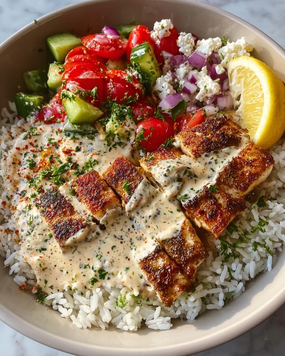 A white bowl holds a layered dish starting with a base of fluffy white rice, sprinkled lightly with green herbs and some seasoning flakes. On top, there is a piece of grilled fish cut into several small squares, showing a crispy brown texture with grill marks and covered with a creamy, light beige sauce speckled with black pepper and chopped green herbs. Next to the fish is a colorful salad made of bright red halved cherry tomatoes, light green cucumber cubes, finely sliced purple onions, and crumbled white cheese, all mixed with green herbs. A lemon wedge with a yellow rind rests on the edge of the rice. The whole bowl sits on a white marbled-textured surface. photo taken with an iphone --ar 4:5 --v 7