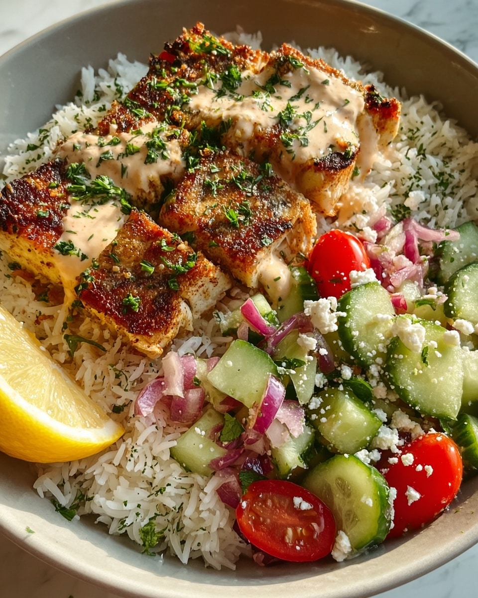 The dish is served in a white bowl with a base layer of fluffy white rice sprinkled lightly with green herbs. On top sits a golden-brown grilled piece of fish cut into squares, drizzled with a creamy light beige sauce and garnished with chopped green herbs. Next to the fish is a fresh salad made of chopped green cucumbers, halved red cherry tomatoes, thin slices of purple onion, and crumbled white cheese, all mixed with green herbs. A bright yellow wedge of lemon rests at the edge of the bowl. The photo is taken close-up with warm natural lighting, sitting on a white marbled surface. photo taken with an iphone --ar 4:5 --v 7
