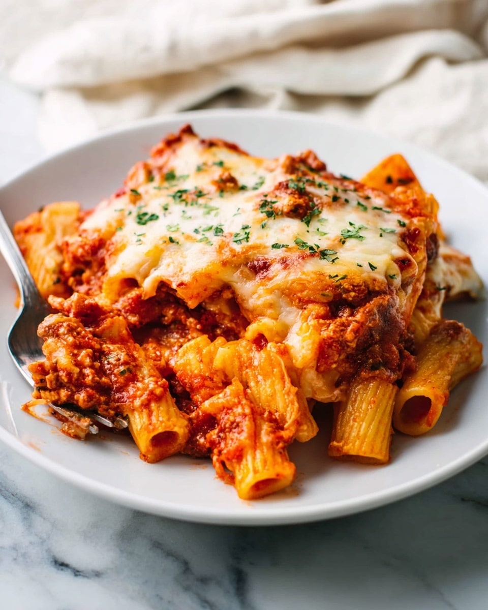 A close-up of a plate with baked pasta showing two layers; the bottom layer is rigatoni pasta covered in a thick, chunky orange-red tomato sauce mixed with ground meat, and the top layer is melted, golden-brown cheese with some white spots and light browning in parts, sprinkled with green herbs. The dish is served on a white plate with a fork partially visible to the side, all set on a white marbled surface with a soft fabric in the background. Photo taken with an iphone --ar 4:5 --v 7
