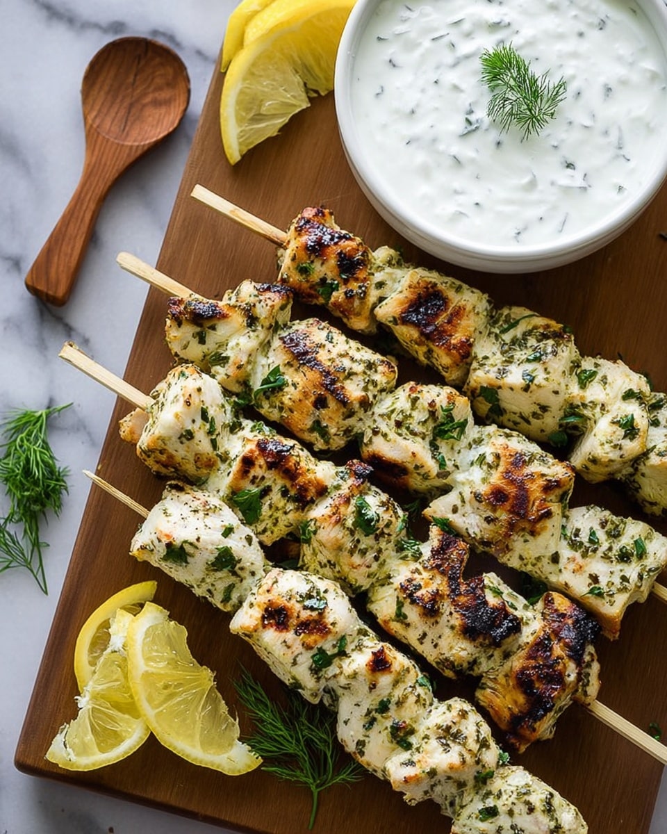 The image shows five skewers of grilled chicken pieces placed on a wooden board, each piece marinated with herbs that give them a speckled green look. The chicken chunks are white with brown grill marks and sprinkled with fresh green herbs. On the board, there are three lemon wedges with bright yellow rinds. To the side, there is a white bowl filled with thick white yogurt sauce decorated with a small green dill sprig on top. A small wooden spoon lies beside the bowl. The background is a white marbled texture. photo taken with an iphone --ar 4:5 --v 7