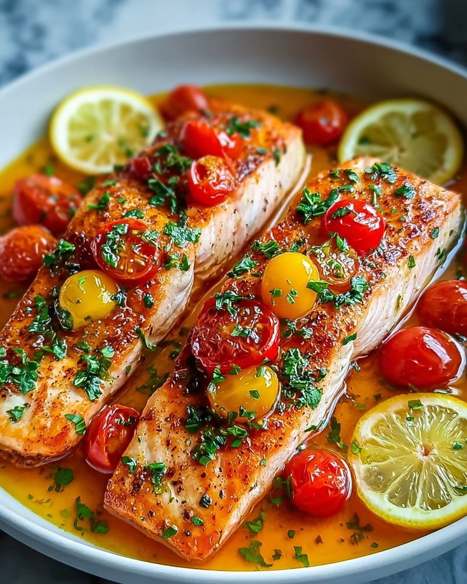 Two pieces of cooked salmon fillets with golden-brown seared tops sit in a shallow pool of orange-tinted sauce on a white bowl. Each fillet is topped with chopped green herbs and small colorful cherry tomato halves in red and yellow. Around the salmon are whole cherry tomatoes and several bright yellow lemon wedges placed at the edges. The sauce glistens, and the texture of the salmon shows fine grill marks and moist flakiness. The background is a white marbled texture. Photo taken with an iphone --ar 4:5 --v 7