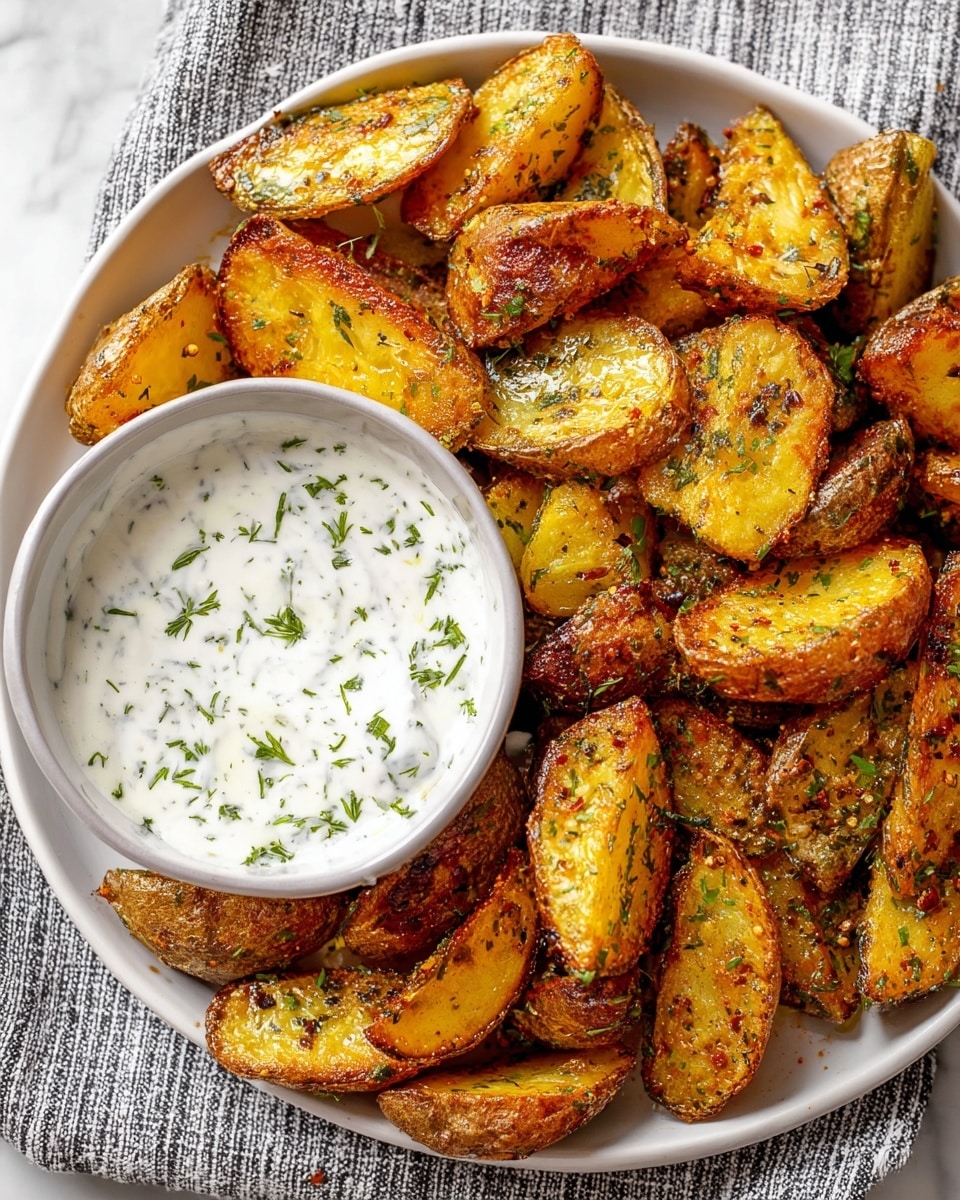 A white bowl filled with creamy white sauce speckled with small green herbs sits on the left side of a large round white plate. The rest of the plate is covered with many golden-brown potato wedges with crispy edges and soft centers, seasoned with visible green herbs and spices sprinkled all over. The potatoes have a shiny, slightly oily texture, and the herbs add a fresh contrast. The plate is placed on a soft gray and white striped cloth over a white marbled surface. photo taken with an iphone --ar 4:5 --v 7