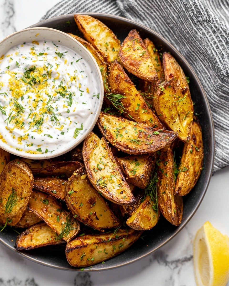 A round dark plate filled with golden roasted potato wedges as the main layer, each wedge showing crispy browned skin and a soft inside, sprinkled with green herbs and bits of seasoning; on the left side of the plate, a white bowl with creamy white sauce topped with chopped green herbs and yellow zest rests slightly overlapping the potato wedges; the plate is placed on a white marbled surface with a gray and white striped cloth nearby and a small wedge of lemon visible in the bottom right corner. photo taken with an iphone --ar 4:5 --v 7