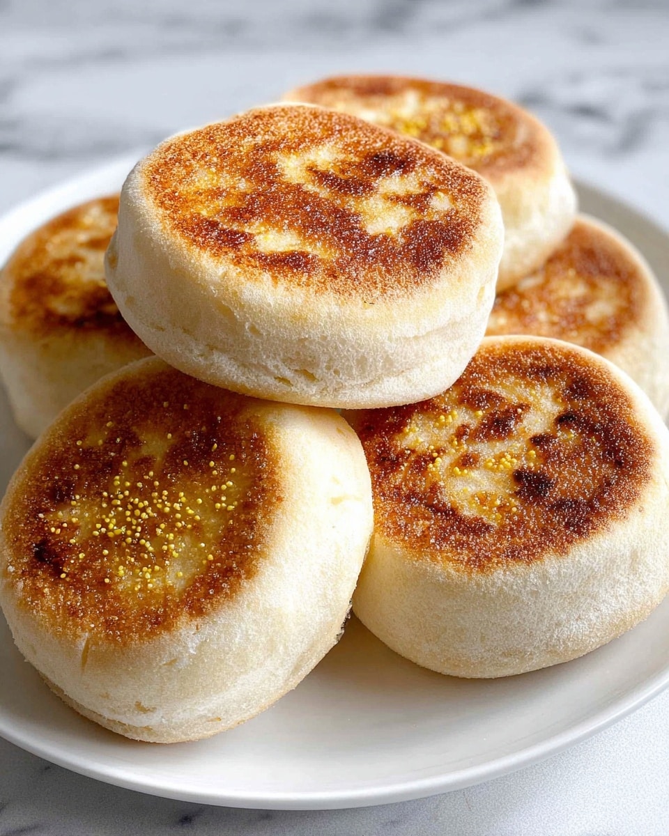 A close-up image showing a stack of seven round English muffins with a golden-brown, slightly rough top layer dusted with cornmeal, which adds a grainy texture. Each muffin has a thick, pale beige side layer with a soft, airy texture and a smooth surface. The muffins are piled on a white plate with a white marbled background softly blurred behind. The lighting highlights the muffins' warm colors and textures, making them look fresh and fluffy. photo taken with an iphone --ar 4:5 --v 7
