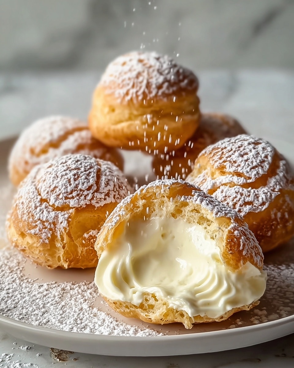 The image shows a close-up of four cream-filled pastries on a white plate with powdered sugar dusted over them and the plate. Each pastry has one layer of golden-brown crispy dough that is slightly rough in texture. Inside the dough, there is a smooth, creamy layer of pale yellow filling that looks soft and thick, flowing slightly out of one pastry in front. The background has a soft blur with a white marbled texture surface, and a spoon with more cream can be seen behind the plate. Photo taken with an iphone --ar 4:5 --v 7