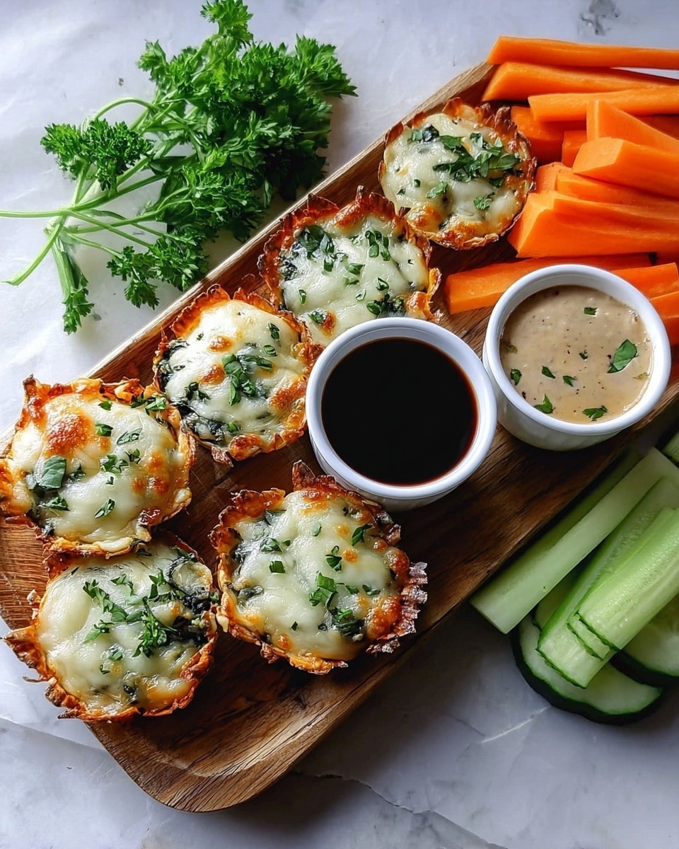 A wooden board holds eight small round baked snacks arranged in a curved line. Each snack has a crispy golden-brown edge with melted white cheese and green herbs scattered on top, giving a slightly bubbly texture. In the middle of the board, there are two small white bowls, one with a dark brown dipping sauce and the other with a creamy beige spread that has some herbs mixed in. Surrounding the bowls are fresh vegetable sticks: bright orange carrot sticks, pale green celery sticks, and several round white cucumber slices. A small bunch of green leafy parsley fills the top left corner. The entire setup rests on a white marbled surface with soft natural lighting. photo taken with an iphone --ar 4:5 --v 7