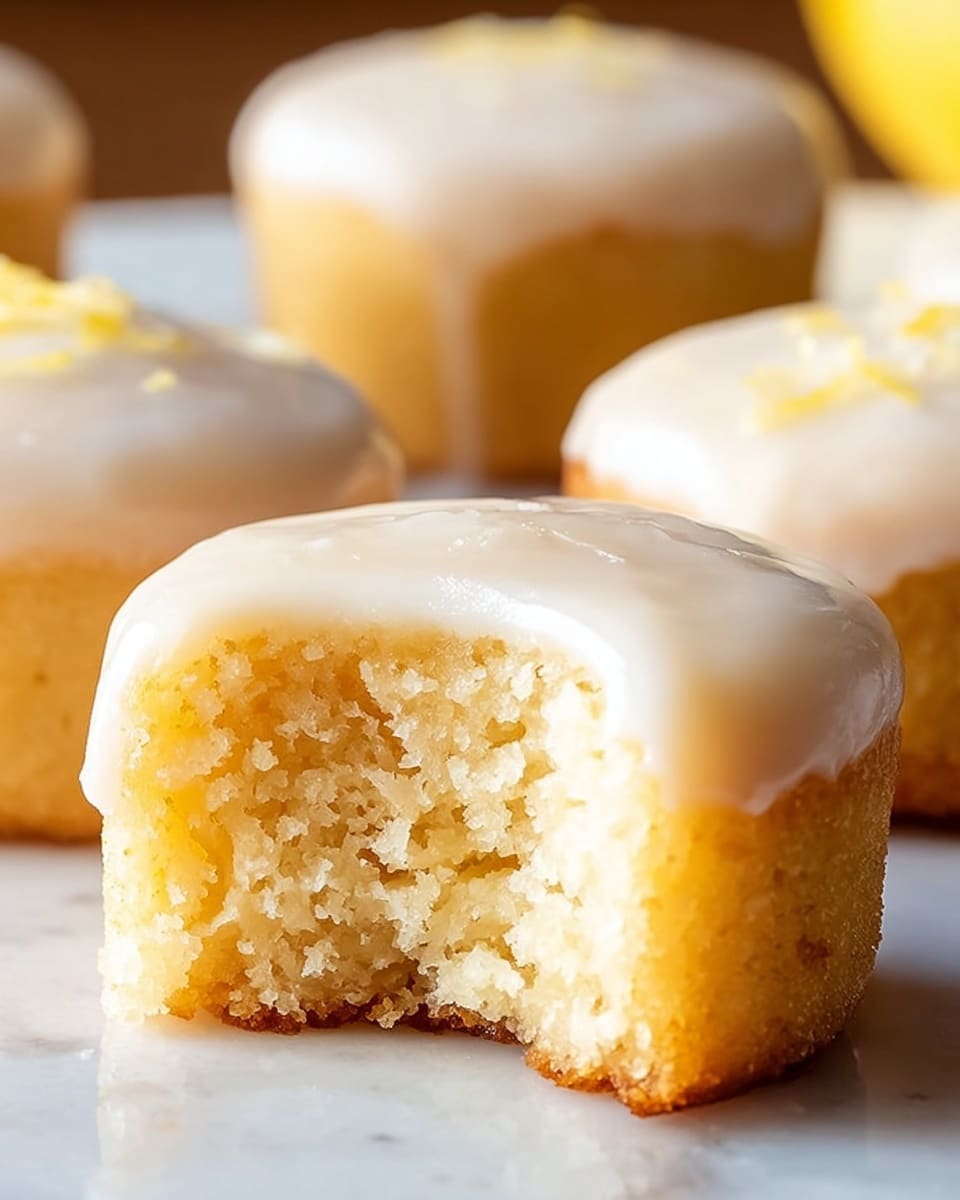 The image shows small round lemon cakes with a smooth, white glaze on top. Each cake has two visible layers; the bottom layer is a light golden-yellow, crumbly cake, and the top layer is a shiny, creamy white icing. The cake in the foreground has a bite taken out, showing the soft and fluffy inside with a moist texture. The cakes sit on a white marbled surface with soft natural lighting highlighting their texture. photo taken with an iphone --ar 4:5 --v 7