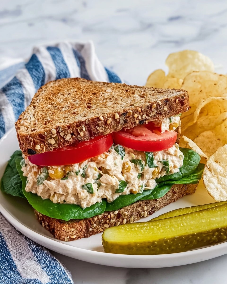 A white plate holds a sandwich cut in half, made with two slices of toasted multigrain bread with visible seeds on the crust. Inside the sandwich, the bottom layer is fresh green leafy spinach, topped with a thick layer of creamy chicken salad mixed with small corn pieces and green herbs. Above the chicken salad, there are slices of bright red tomato. Next to the sandwich, there are light golden potato chips and two pickles, one sliced lengthwise and the other whole. The plate is set on a white marbled surface with a blue and white striped cloth partially visible on the left side. Photo taken with an iphone --ar 4:5 --v 7