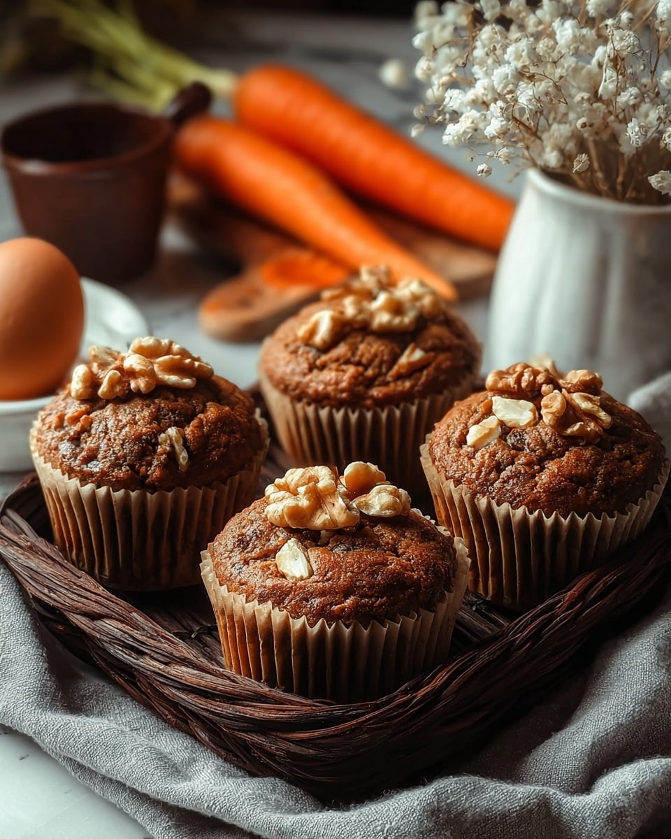 Four brown muffins with a rough top texture are placed in a dark brown wicker basket. Each muffin is topped with several pieces of walnut, adding a light beige cracked texture on the top. The muffins are wrapped in light brown paper liners with vertical ridges. The basket sits on a soft gray fabric, and in the background, there are two bright orange carrots with green tops, a brown ceramic pot, a single brown egg resting in a small dish, and a white vase holding delicate white dried flowers. The whole scene is set on a white marbled surface. photo taken with an iphone --ar 4:5 --v 7