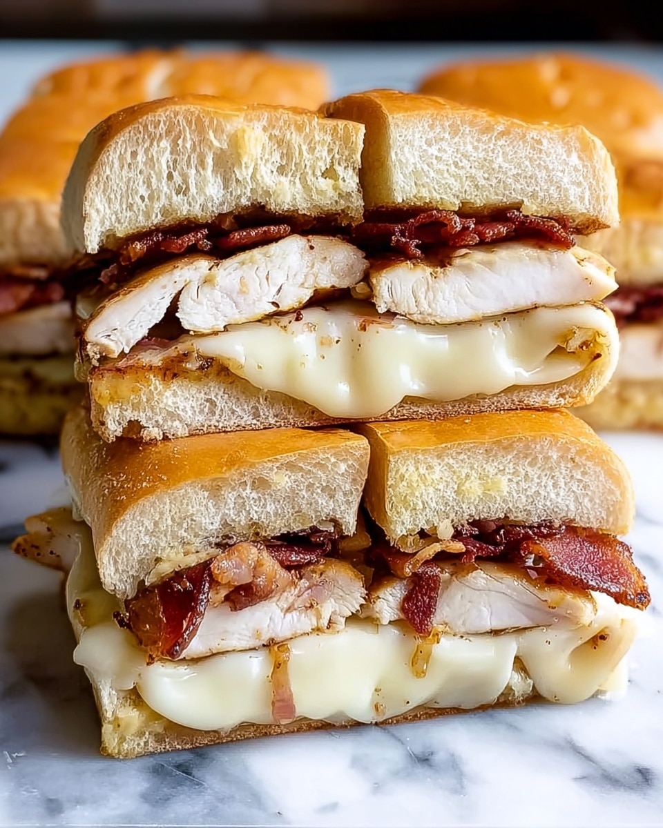 A sandwich cut into four equal parts, showing three layers inside: the top layer is crispy brown bacon with a slightly shiny texture, the middle layer is thick pieces of grilled chicken breast with a light tan color and slight grill marks, and the bottom layer is melted creamy white cheese that drapes over the edges of the chicken. The outer bread is a soft, golden-brown bun, soft and smooth in texture, and the sandwich sits on a white marbled surface. photo taken with an iphone --ar 4:5 --v 7