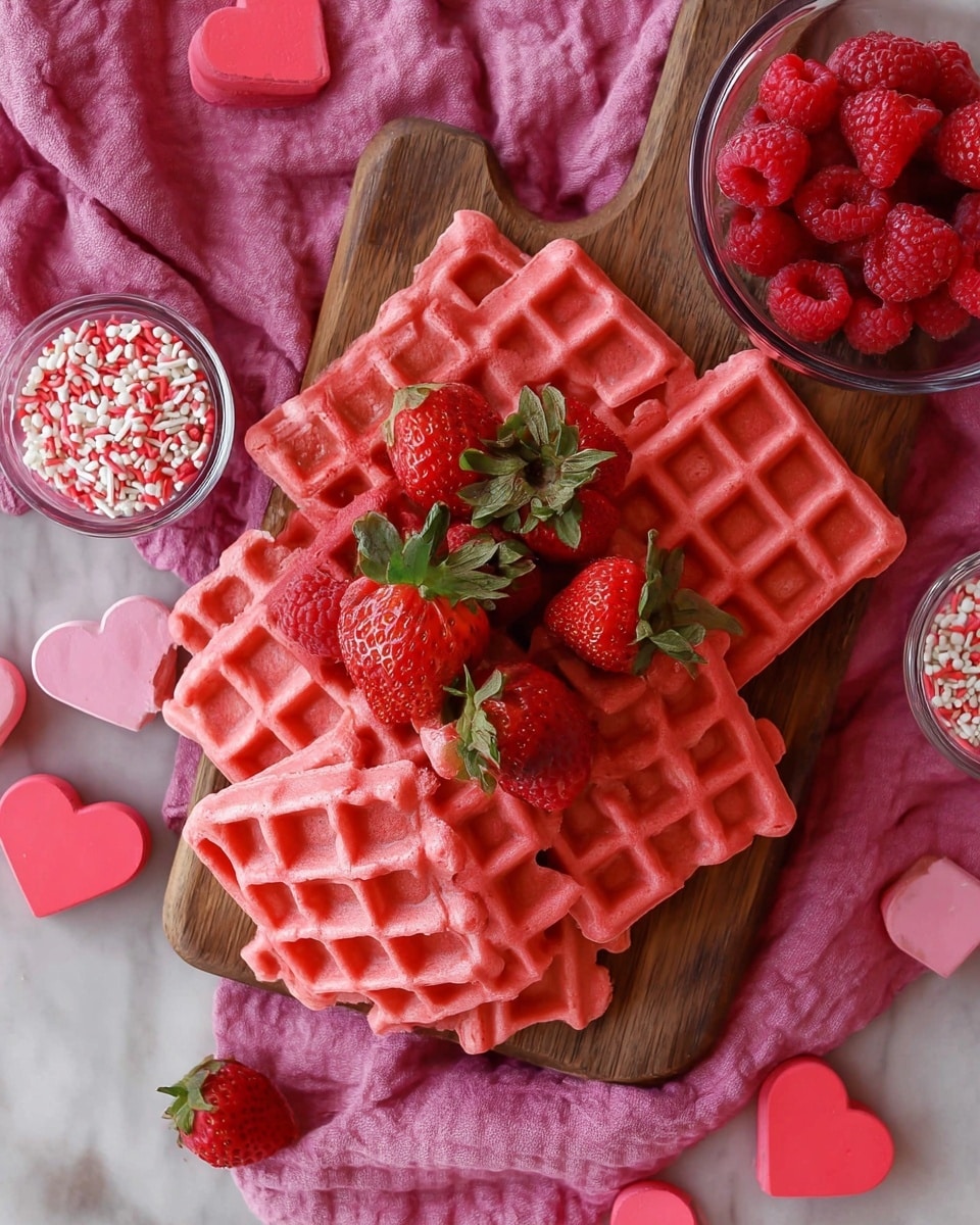The image shows a wooden board filled with bright pink waffles arranged in a scattered stack of about two layers, with some waffles laying flat and others slightly overlapping in a casual way. In the center of the board, there is a cluster of ripe red strawberries with green leaves, adding a fresh pop of color. To the top right, a small clear glass bowl is filled with red raspberries, and near the bottom left corner of the board, another small glass bowl contains red, white, and pink heart-shaped sprinkles. The board sits on a pink cloth with a few pink wooden heart decorations around it, all set on a white marbled surface. photo taken with an iphone --ar 4:5 --v 7