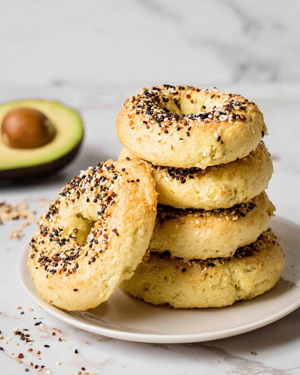 The image shows a stack of four soft, golden bagels on a white plate, with one bagel leaning against the stack. Each bagel is topped with a mix of black and white sesame seeds and some other small seeds, giving a crunchy texture on top. The bagels have a fluffy, slightly uneven surface, indicating they are fresh and homemade. In the background, there is a halved ripe avocado showing its green flesh and brown seed, all placed on a white marbled surface with some scattered seeds around. photo taken with an iphone --ar 4:5 --v 7