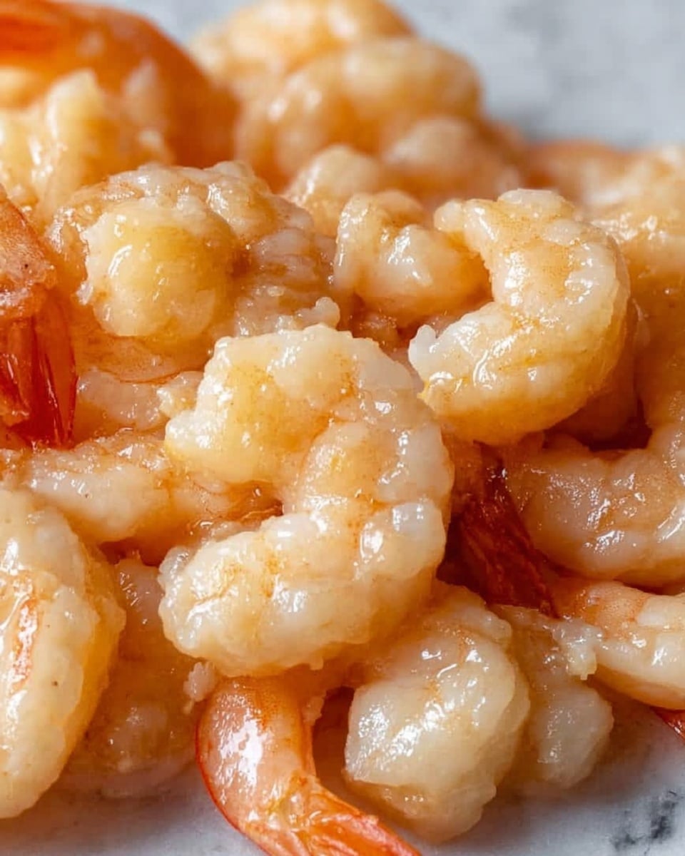 The image shows a close-up view of many medium-sized shrimp with shells removed except for the tails. The shrimp have a light golden-brown color with a shiny, slightly oily texture, indicating they may be cooked or fried. Each shrimp curls gently, and their smooth surface shows slight bubbling or crispiness, suggesting a tender and juicy inside. The shrimp are piled closely together, filling the entire frame against a white marbled textured surface underneath. photo taken with an iphone --ar 4:5 --v 7