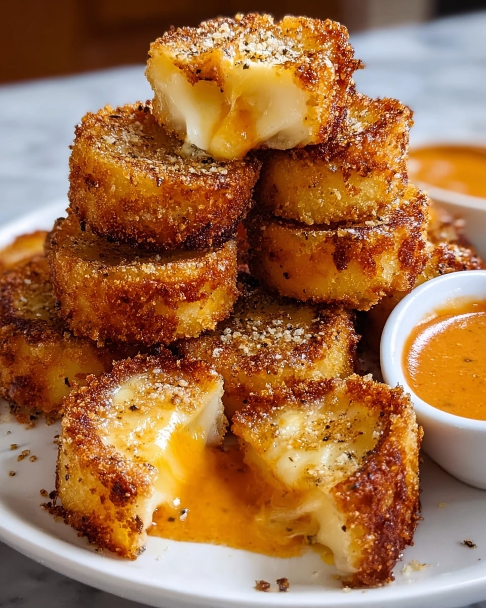 The image shows a stack of small, round, golden brown fried cheese bites with a crispy crust and gooey melted cheese inside. Each piece is about one to two layers thick, with a crunchy, textured outer edge and a soft, creamy, slightly oozing cheese center visible in the broken pieces. The bites are piled on a white plate with a small bowl of orange dipping sauce on the side, all placed on a white marbled textured surface. The cheese bites glisten with a slight sprinkling of seasoning on top. photo taken with an iphone --ar 4:5 --v 7