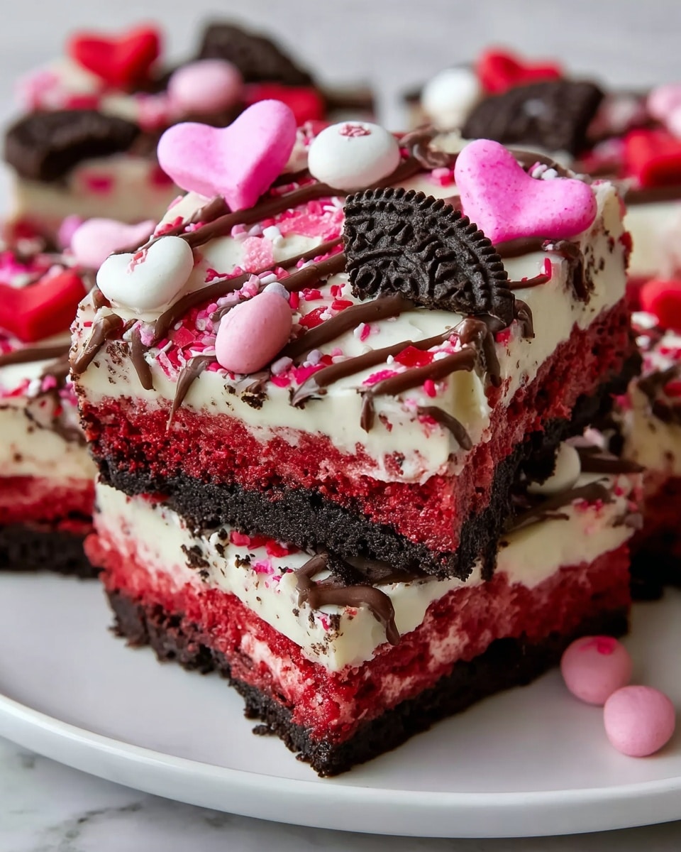 The image shows a close-up of three layered dessert bars stacked on a white plate with a white marbled texture surface. Each bar has three distinct layers: a dark, crumbly cookie crust at the bottom, a bright red cake-like middle layer, and a thick white creamy layer on top. The top layer is decorated with chocolate drizzle, pink and red heart-shaped candy pieces, small round pink and white candy balls, and halved Oreo cookies. The bars look rich and festive with a mix of textures from smooth cream to crunchy cookie bits. Photo taken with an iphone --ar 4:5 --v 7