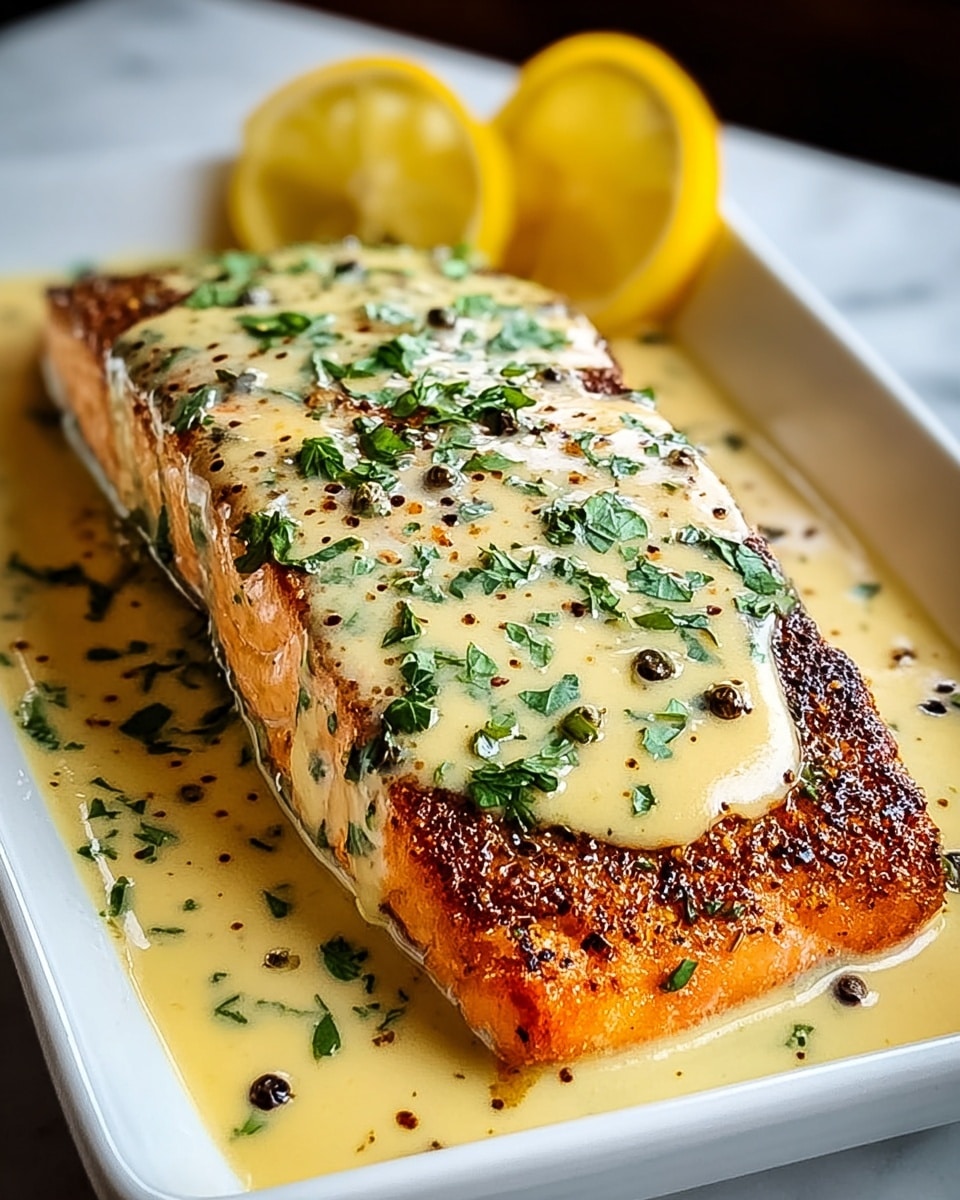 A thick, grilled salmon fillet with a crispy, golden-brown crust forms the main layer, topped with a creamy light yellow sauce sprinkled with fresh green herbs and black pepper. The salmon rests in a shallow pool of the same sauce inside a white rectangular dish. Two bright yellow lemon slices sit near the top edge of the dish, adding a pop of color. The background features a white marbled texture. photo taken with an iphone --ar 4:5 --v 7
