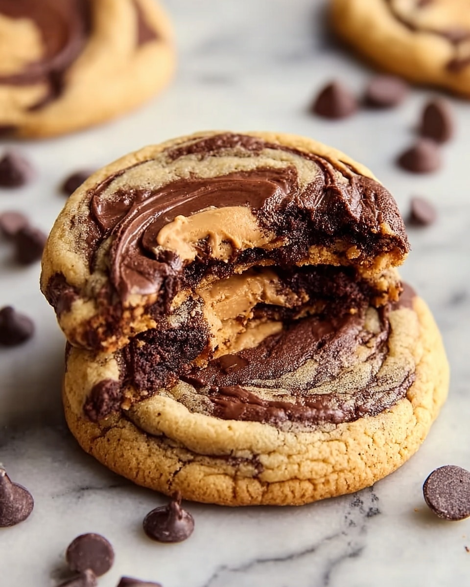 The image shows two cookies, one stacked on top of the other, on a white marbled surface with scattered dark brown chocolate chips around. Each cookie has a base layer of light golden-brown dough with a slightly cracked and soft texture. The middle layer features a dark, rich chocolate spread swirled smoothly into the dough. The top layer has a lighter brown swirl of peanut butter blending with the chocolate, creating a marbled effect. The top cookie is broken in half with visible bites, revealing a chewy inside with mixed chocolate and peanut butter swirls. Photo taken with an iphone --ar 4:5 --v 7
