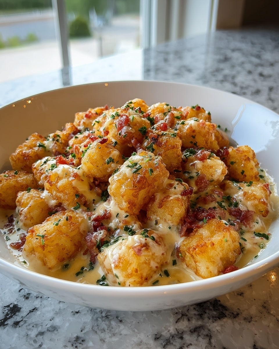 The dish shows a white bowl filled with about two layers of golden brown crispy tater tots. The tater tots are covered in a creamy sauce with melted cheese, small bits of reddish bacon, and sprinkled with finely chopped green herbs. The sauce is thick and creamy, coating each tater tot with a glossy shine. The bowl sits on a white marbled surface with natural light coming from a window in the background. photo taken with an iphone --ar 4:5 --v 7