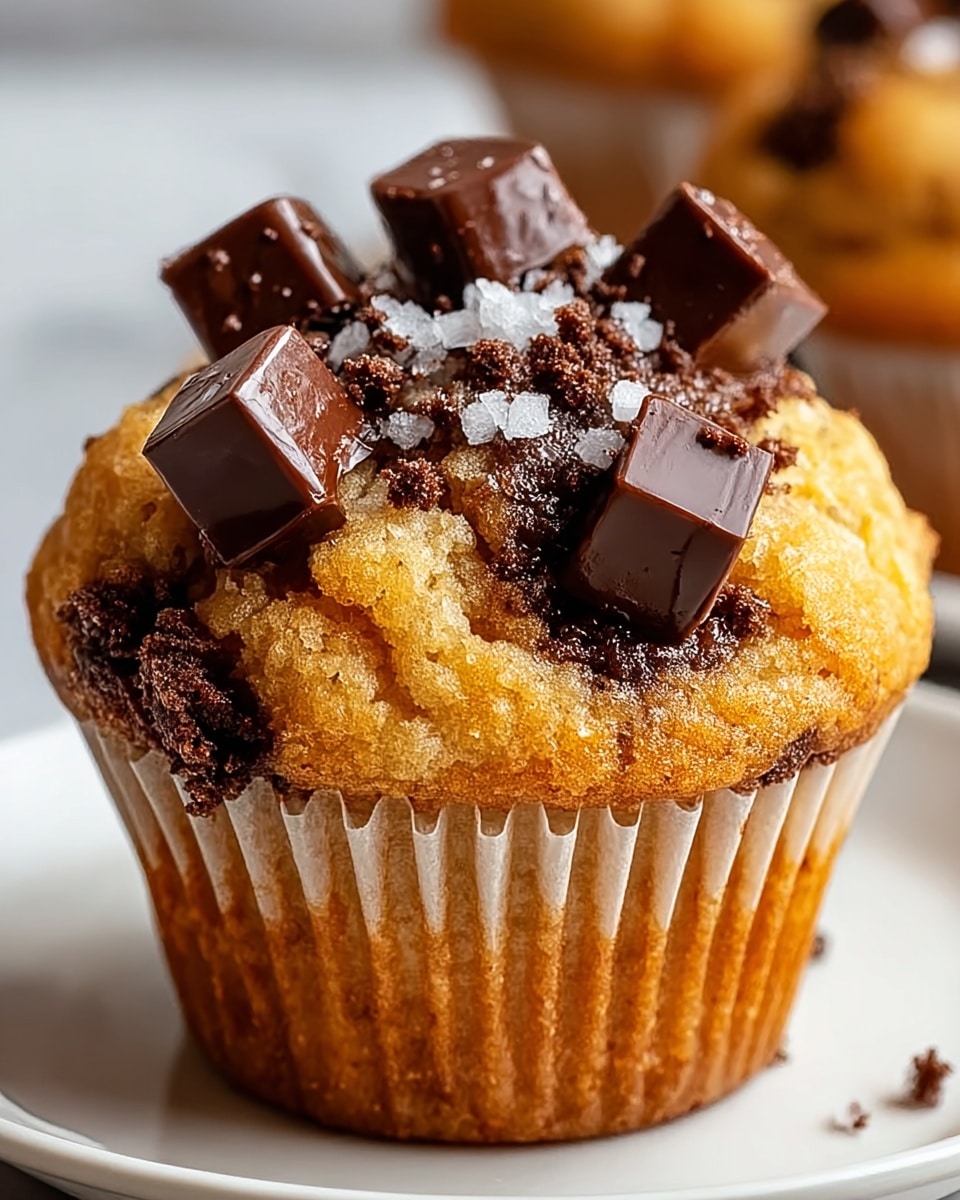 A close-up view of a golden brown muffin with a slightly cracked top showing a soft and moist texture inside. The muffin is topped with several glossy dark chocolate cubes scattered across the surface, along with small bits of crumbly dark chocolate pieces. Flakes of coarse white sea salt are sprinkled on top, adding contrast. The muffin is inside a white paper liner, and it sits on a white plate against a white marbled texture background. Photo taken with an iphone --ar 4:5 --v 7