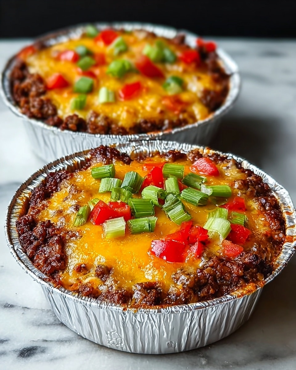 Two individual servings of a layered dish in foil cups sit on a white marbled surface. Each cup has a textured, cooked dark brown meat layer at the bottom, topped with a bright orange melted cheese layer that covers the meat fully. On top of the cheese are small green pieces of scallions and small red tomato chunks scattered across, adding a fresh, colorful contrast. The edges of the meat slightly crisp up around the foil rims, and the cheese appears gooey and warm, catching light softly. photo taken with an iphone --ar 4:5 --v 7