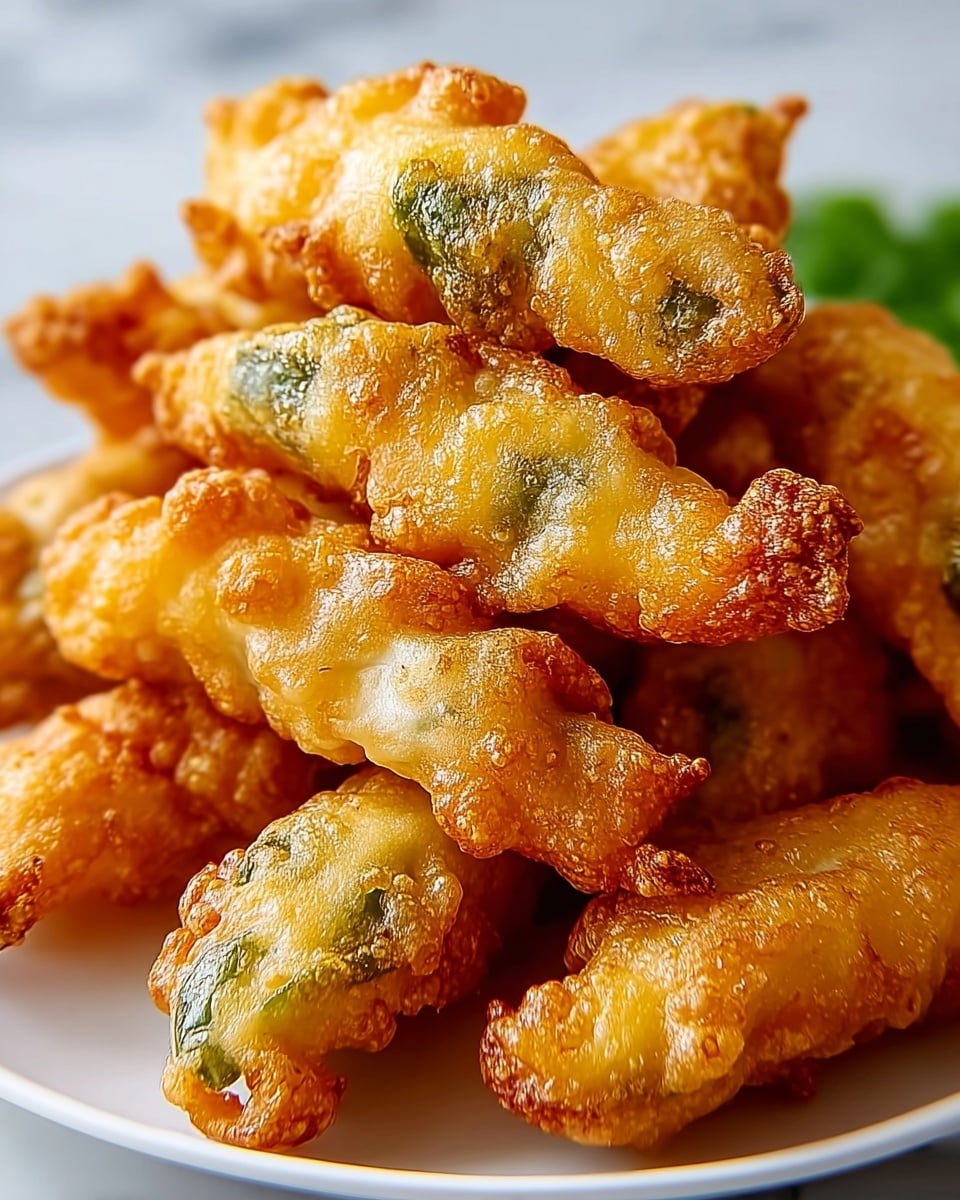 A close-up view of several golden-brown fried jalapeño poppers stacked on a white plate, each with a crispy, bubbly batter coating showing a light and dark orange texture with green jalapeño pieces peeking through. The poppers are twisted in shape, and the batter's surface looks crunchy with some darker toasted edges. They are placed casually, some overlapping each other, on a white marbled surface. photo taken with an iphone --ar 4:5 --v 7