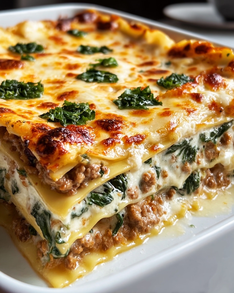 A close-up view of a white rectangular dish filled with a three-layer lasagna. Each layer alternates between smooth, pale yellow lasagna pasta sheets and a hearty, textured filling of ground meat mixed with cooked spinach and creamy white ricotta cheese. The top layer is covered with a golden-brown melted cheese crust, dotted with green spinach pieces. The edges of the lasagna show slight bubbling and browning, indicating it is freshly baked, all set against a white marbled surface. photo taken with an iphone --ar 4:5 --v 7