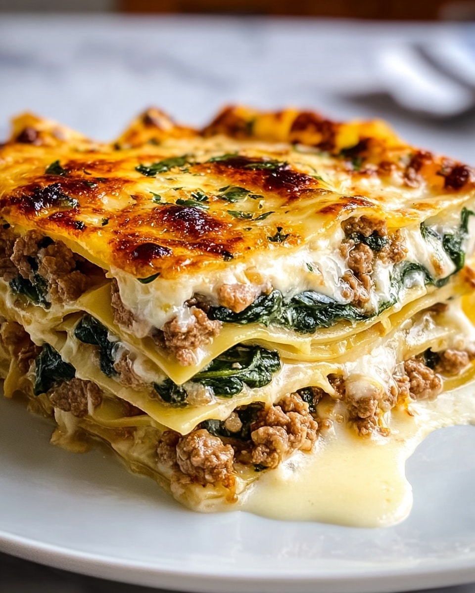A close-up view of a slice of lasagna on a white plate showing four visible layers of pasta sheets interspersed with creamy white cheese mixed with cooked ground meat and dark green spinach leaves. The top layer is broiled cheese with golden brown spots and melted bubbly texture. The edges of the slice show creamy sauce slightly oozing out onto the plate, with the pasta layers being yellowish and soft. The background is softly blurred with a white marbled surface. Photo taken with an iphone --ar 4:5 --v 7