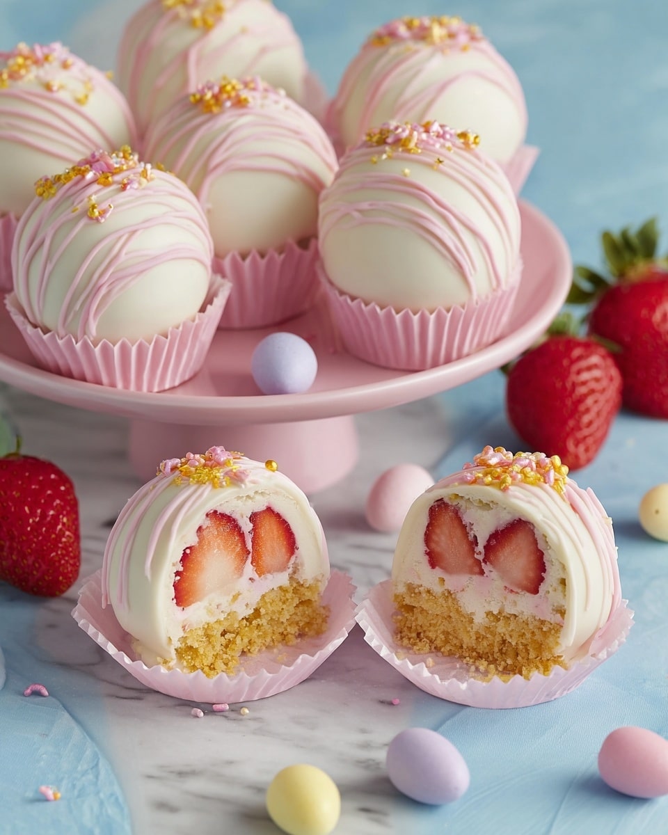 The image shows a group of round, white dessert balls with a smooth coating, each placed in pink cupcake liners, arranged on a pink cake stand. Each ball is decorated with thin, wavy pink lines of icing on the surface and topped with small golden and pink sprinkles. Two of the dessert balls are cut in half, revealing layers inside: a top white layer with embedded fresh strawberry halves, a middle light pink creamy layer, and a bottom crumbly golden base. The background is a soft blue, scattered with pastel-colored small egg-shaped candies, and a few strawberries are placed around for decoration. The surface is a white marbled texture. photo taken with an iphone --ar 4:5 --v 7