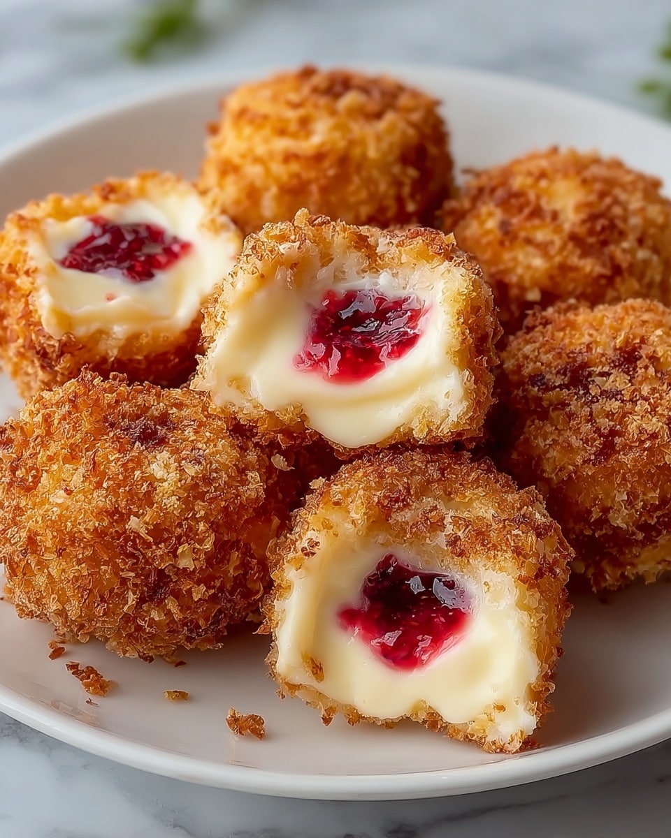 The image shows a white plate filled with six small, round cream-filled fried treats with a golden-brown crispy coating. Each treat has a crunchy textured layer on the outside, with a smooth, creamy white filling inside. Some pieces are cut open, revealing a bright red jam swirl in the middle of the creamy layer. The treats look crispy on the outside and soft and smooth in the center, with the red jam adding a splash of color in the creamy filling. The background is a white marbled surface. photo taken with an iphone --ar 4:5 --v 7