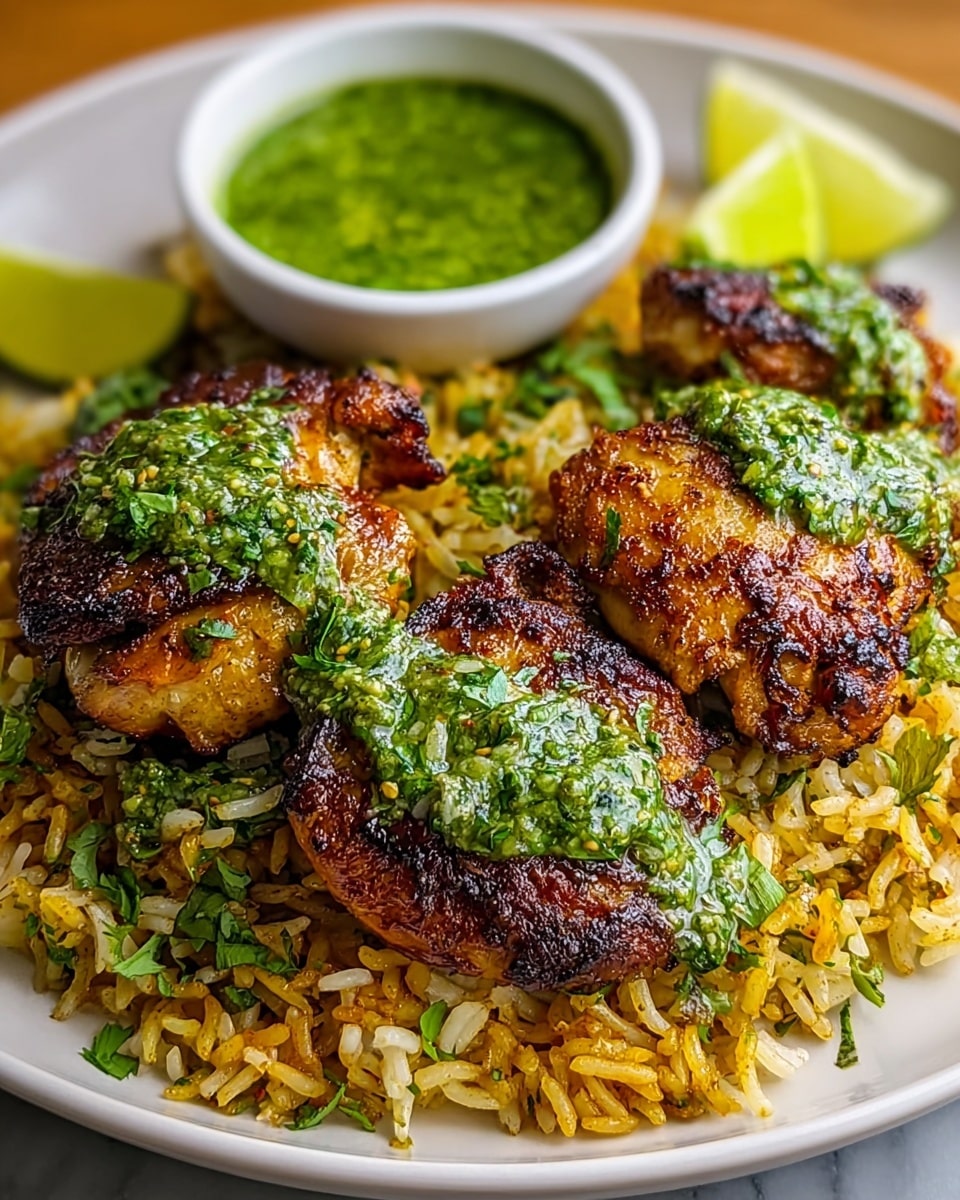 A white plate with a base layer of yellowish seasoned rice, slightly glossy with bits of herbs mixed throughout. On top, three browned grilled chicken pieces with a crispy, slightly charred texture. Each chicken piece is topped with bright green herb sauce, dotted with chopped fresh green herbs. At the back of the plate, a small white bowl filled with more of the green sauce sits next to a bright green lime wedge. The dish is placed on a white marbled surface. photo taken with an iphone --ar 4:5 --v 7