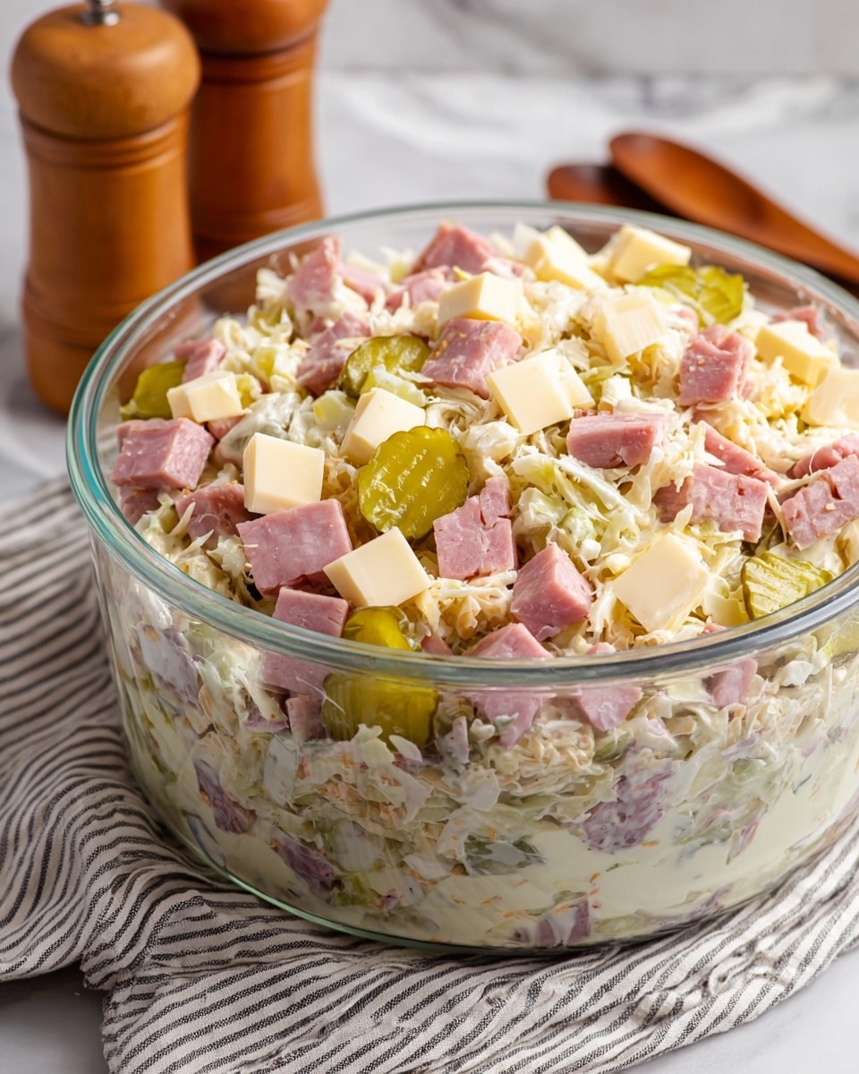 A large clear glass bowl filled with a layered salad showing chunks of pink ham, pale yellow cheese cubes, and bright green pickle pieces mixed with shredded white sauerkraut and creamy dressing. The bowl rests on a striped cloth on a white marbled surface, with wooden salt and pepper grinders blurred in the background. The salad has a creamy, slightly chunky texture with the colorful ingredients clearly visible near the top. photo taken with an iphone --ar 4:5 --v 7