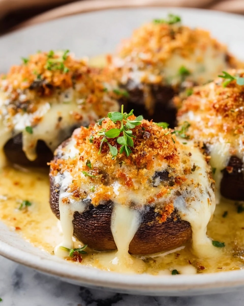 The dish shows large mushrooms topped with melted, gooey white cheese that drips down the sides, followed by a layer of finely browned, crispy breadcrumbs sprinkled on top. Small green herb leaves add a fresh touch on the cheese and breadcrumbs. The mushrooms sit in a shallow layer of creamy, light yellow sauce pooling around the base on a white plate. The background is a white marbled texture. photo taken with an iphone --ar 4:5 --v 7