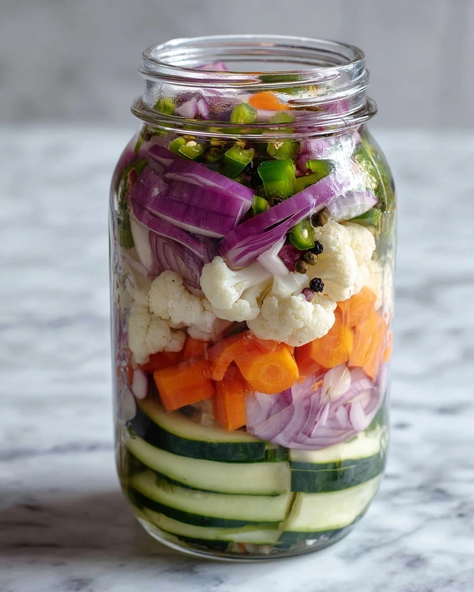 A clear glass jar filled with multiple layers of colorful vegetables stands on a white marbled texture surface. The bottom layer has thick slices of light green cucumber, followed by a middle layer that mixes white cauliflower florets and bright orange carrot slices. Above this, there are purple rings of red onion evenly distributed, along with dark green strips of jalapeño pepper. The topmost layer shows a mix of cucumber slices, red onion rings, jalapeño strips, and small pieces of bright orange carrot. Black peppercorns are visible scattered throughout the layers inside the jar. Photo taken with an iphone --ar 4:5 --v 7