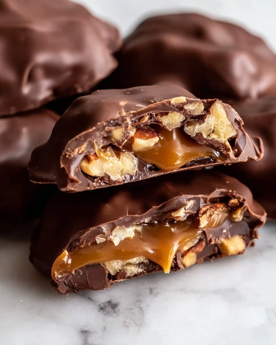 The image shows chocolate-covered clusters, with one piece cut in half to reveal its inside layers. The outermost layer is thick, glossy dark brown chocolate with a smooth, slightly bumpy texture. Inside, there is a rich caramel layer that is golden and gooey, oozing slightly in the cut piece. Mixed into the caramel are chunks of light brown, rough textured nuts, creating a contrast in color and texture. The clusters are placed on a soft, white marbled surface, making the dark chocolate pop. Photo taken with an iphone --ar 4:5 --v 7