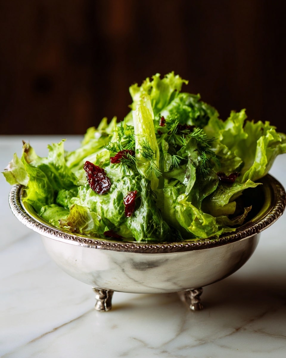 A white ornate bowl with small legs holds a fresh salad made of large, leafy green lettuce with a few small pieces of red dried fruit scattered on top, along with thin green herb sprinkles visible on some leaves. The lettuce has a mix of different green shades, some leaves are lighter with a crisp texture, while others are darker and more ruffled, filling the bowl fully and sitting on a white marbled surface. photo taken with an iphone --ar 4:5 --v 7