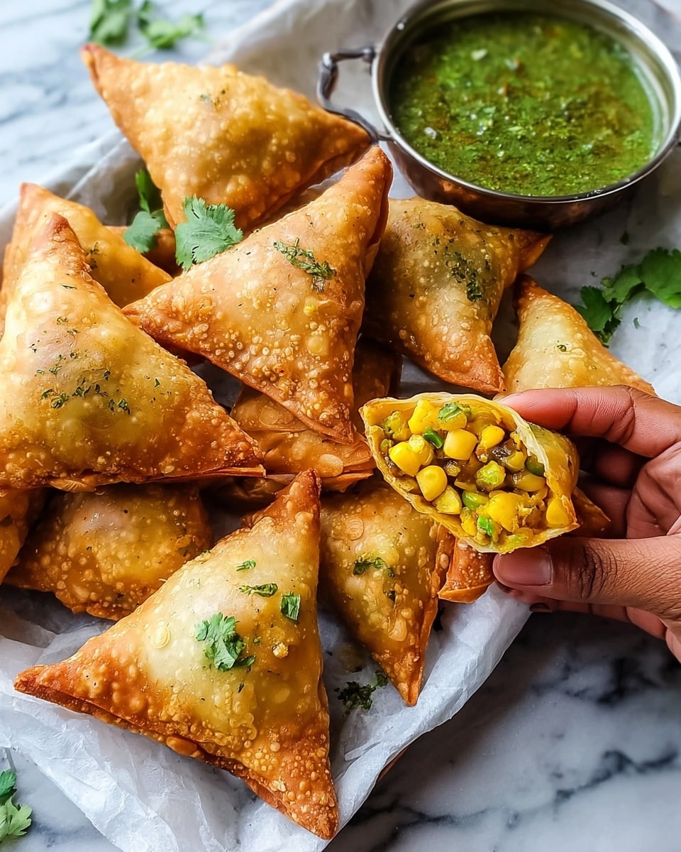 A white tray filled with golden brown, crispy triangular samosas arranged neatly, with one samosa broken open held by a woman's hand in the foreground showing a colorful filling of yellow potatoes, green peas, and yellow corn, topped with small bits of green herbs. Next to the samosas, there is a silver metal bowl filled with green chutney garnished with fresh cilantro leaves. The whole setup is placed on a white marbled texture surface. photo taken with an iphone --ar 4:5 --v 7