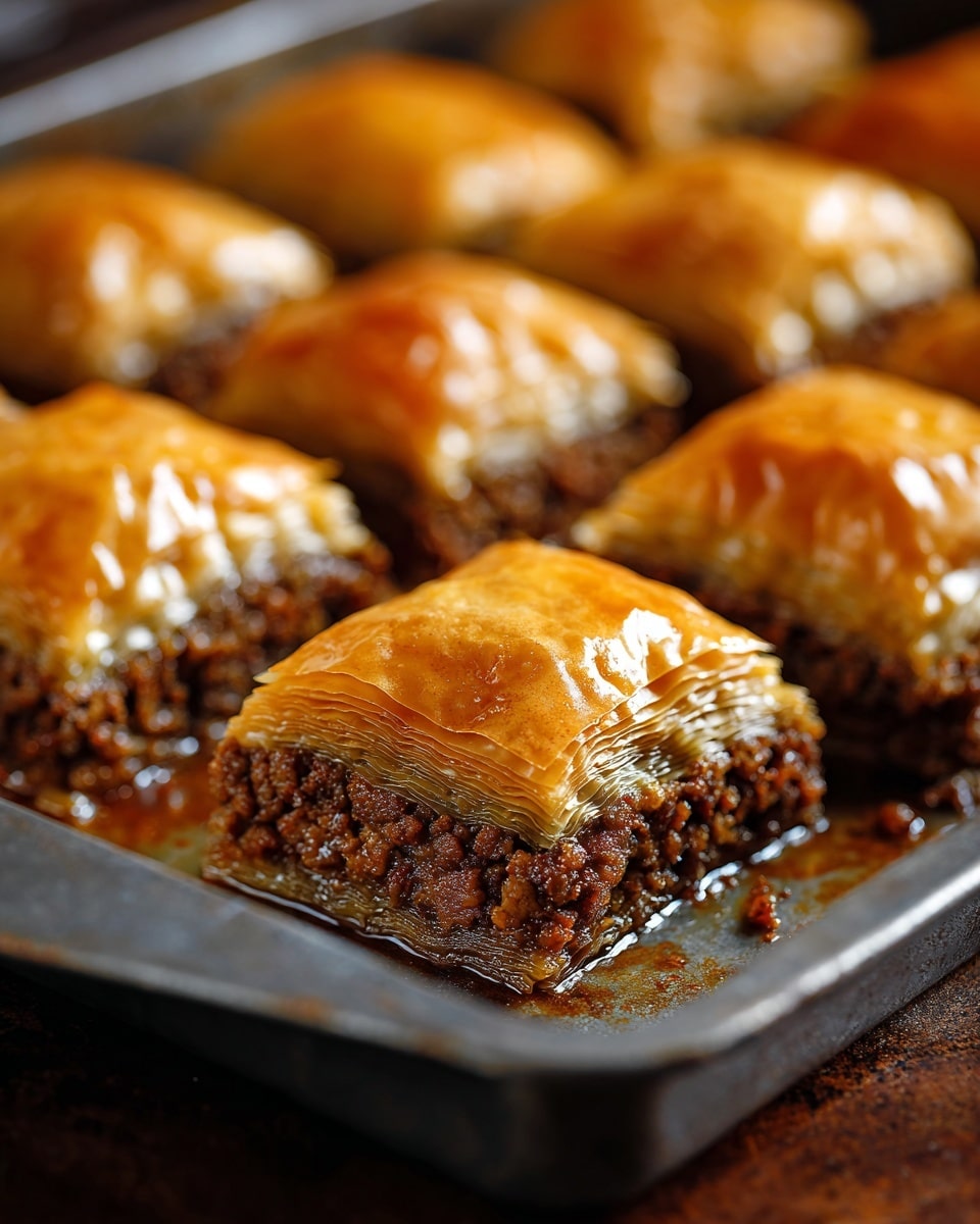 This image shows pieces of baked baklava in a metal baking tray, arranged in rows. Each piece has multiple layers of thin, shiny, golden brown, flaky phyllo dough on top, with a visible crisp texture. Below the dough layers is a thick, dark brown, moist ground meat filling with a coarse texture. The baklava pieces are cut into square shapes, and the tray is slightly oily with some juice from the filling visible in the tray gaps. The background is softly blurred, focusing on the front baklava piece. photo taken with an iphone --ar 4:5 --v 7