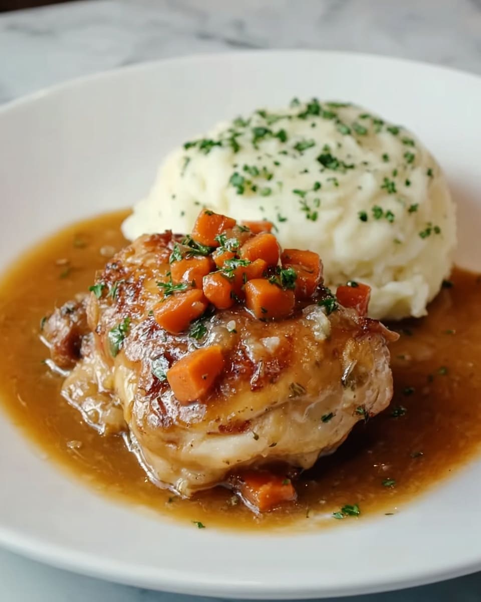 The dish shows one piece of cooked chicken with a golden brown crispy skin on top, covered with small pieces of orange cooked carrots and green chopped herbs. The chicken sits in a rich, brown gravy sauce that spreads around it on the plate. Behind the chicken, there is a smooth, creamy white mound of mashed potatoes with small green herb dots sprinkled on top. The food is placed in the middle of a plain white plate, which rests on a white marbled surface. photo taken with an iphone --ar 4:5 --v 7