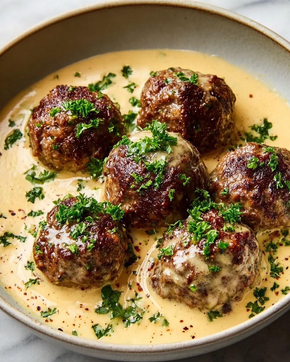 The image shows six browned meatballs with a coarse texture, each topped with small pieces of fresh green herbs. They sit in a pool of thick, creamy beige sauce with visible flecks of seasoning spread evenly around and over the meatballs. The dish is served in a round white bowl placed on a white marbled surface, with soft natural light highlighting the rich colors and juicy details of the meatballs and sauce. Photo taken with an iphone --ar 4:5 --v 7