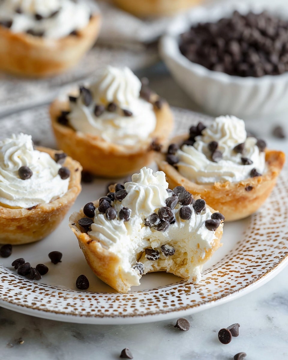 This image shows small tartlets arranged on a white plate with a brown dotted rim pattern, sitting on a white marbled surface. Each tartlet has a golden-brown flaky crust forming the base and sides. On top of the crust, there is a thick layer of creamy white filling, some piped with decorative swirls and others simply dolloped. Scattered generously on the white filling and around the tartlets are small, dark chocolate chips. One tartlet in the center has a bite taken out, revealing the creamy inside with embedded chocolate chips. In the background, there is a white bowl filled with more dark chocolate chips. photo taken with an iphone --ar 4:5 --v 7