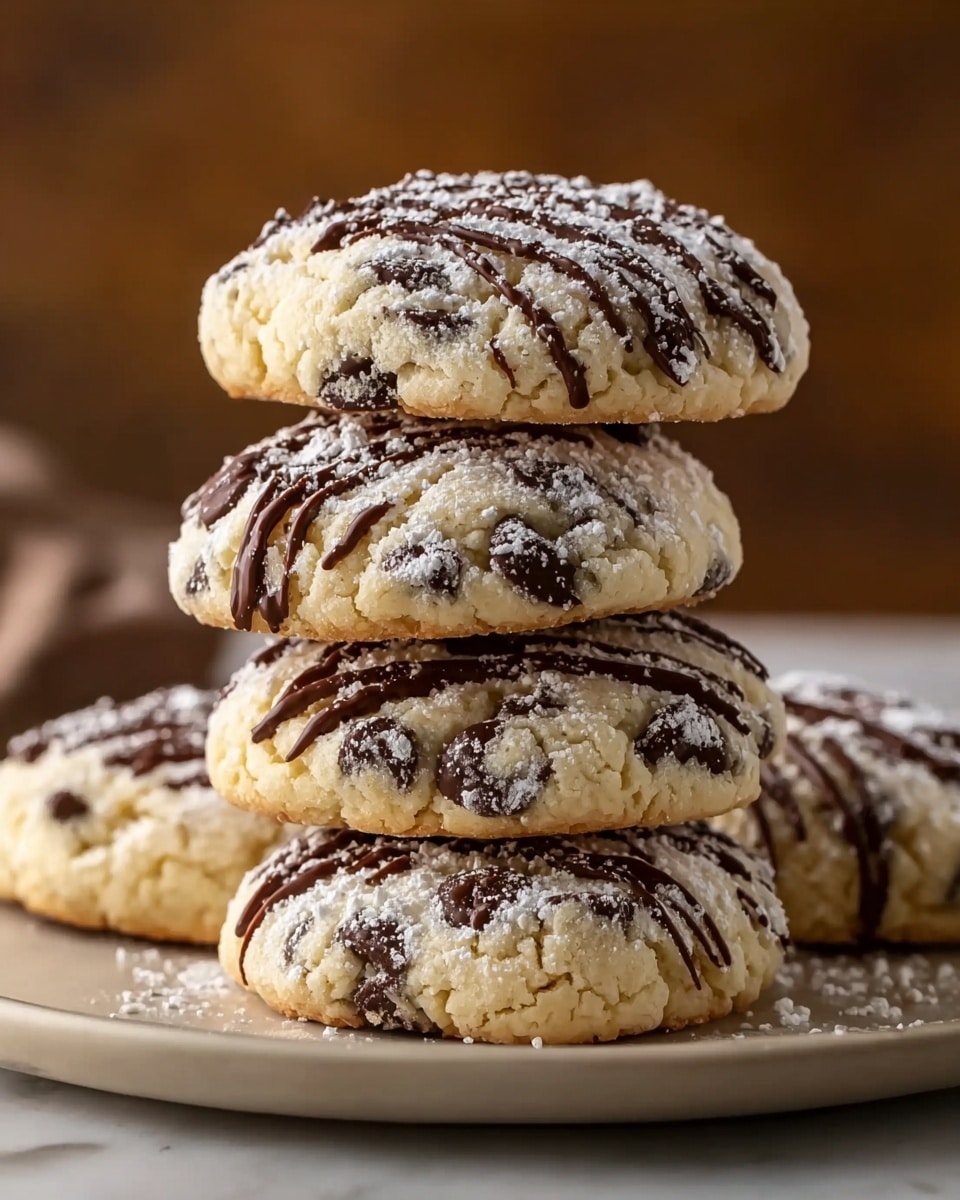 A stack of five soft cookies with a pale golden color and dark chocolate chips mixed throughout, arranged on a round white plate. Each cookie is topped with a light dusting of powdered sugar and three thick, dark chocolate drizzles running diagonally across their slightly cracked tops. The cookies have a slightly rough texture and look soft and fresh. The scene is set on a white marbled surface with a blurred warm brown background. photo taken with an iphone --ar 4:5 --v 7