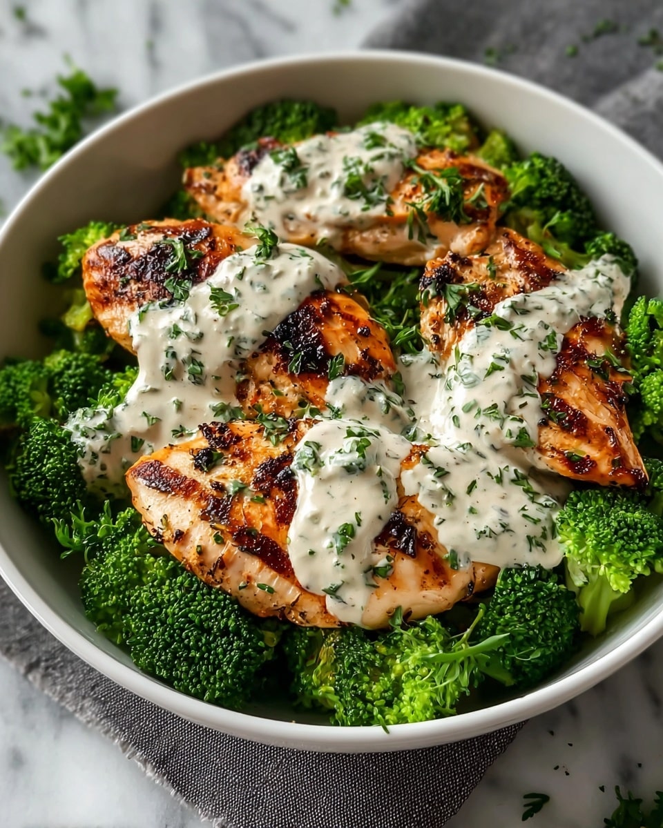 The image shows a white bowl filled with a dish that has three grilled chicken breasts placed on top of a bed of bright green broccoli florets. The chicken breasts are golden brown with darker grill marks and a slightly crispy texture. A creamy white sauce with small green herb bits is drizzled over the chicken pieces, adding contrast to the dish. Fresh green herb sprinkles are scattered over the sauce, enhancing the look. The bowl sits on a white marbled surface, with part of a gray cloth visible near the bottom corner. photo taken with an iphone --ar 4:5 --v 7