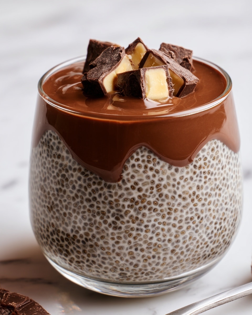A clear glass cup filled with two layers: the bottom layer is a thick, creamy mixture with small black chia seeds spread evenly throughout, light brown in color and with a slightly bumpy texture. The top layer is a smooth, dark chocolate sauce covering the chia mix halfway down the glass edge, glossy and rich-looking. On top, there are pieces of broken chocolate candies in dark and white shades placed in the center. The cup sits on a white marbled surface. photo taken with an iphone --ar 4:5 --v 7