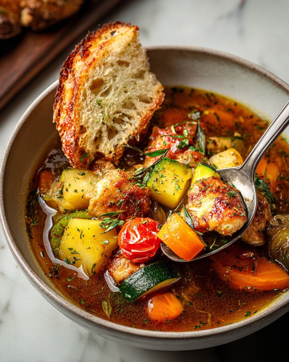 A deep white bowl holds a rich, colorful vegetable and chicken stew with about four layers visible: the bottom layer is a brown broth dotted with green herbs, the middle layer shows chunks of yellow potatoes, orange carrots, and green zucchini, while on top there are pieces of golden-brown seared chicken and some halved cherry tomatoes in bright red. A toast slice with airy texture rests on the bowl’s edge, and a silver spoon scoops up a mix of chicken, potato, and zucchini, all resting on a white marbled surface. Photo taken with an iphone --ar 4:5 --v 7