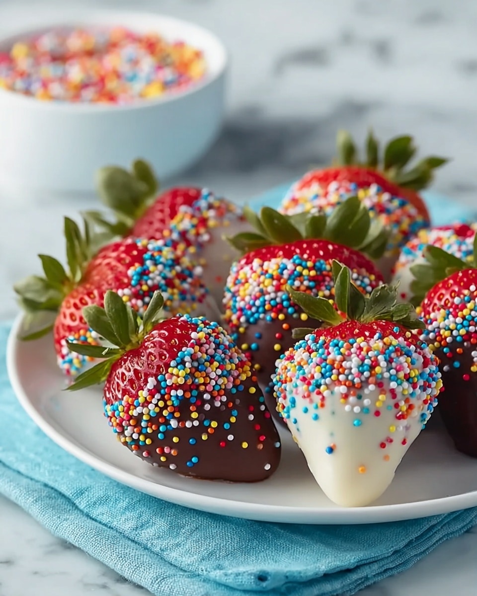 A white plate holds a group of large strawberries, each dipped in two types of coating: smooth dark chocolate and smooth white chocolate. Both coatings are covered fully with small, colorful round sprinkles in red, blue, yellow, green, white, and orange. The strawberries’ green leaves are fresh and stand out against the bright coatings. The plate sits on a soft blue cloth on a white marbled surface. In the background, there's a white bowl filled with more colorful sprinkles, slightly blurred. photo taken with an iphone --ar 4:5 --v 7